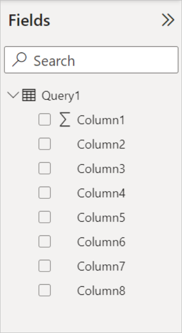 Power BI 中 [字段] 窗格的螢幕快照，其中 Query1 現在會顯示 Column1 到 Column8。