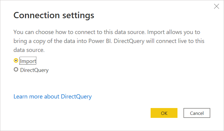 Power BI Desktop 連線設定的螢幕快照，其中已選取 [匯入] 和 [未選取 DirectQuery]。