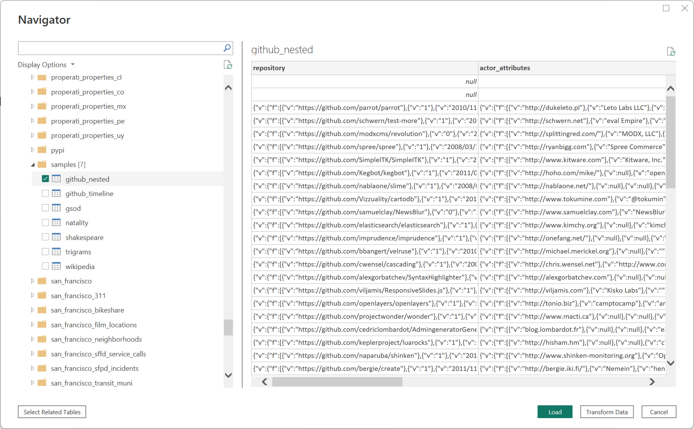 Google BigQuery 巢狀字段支援。