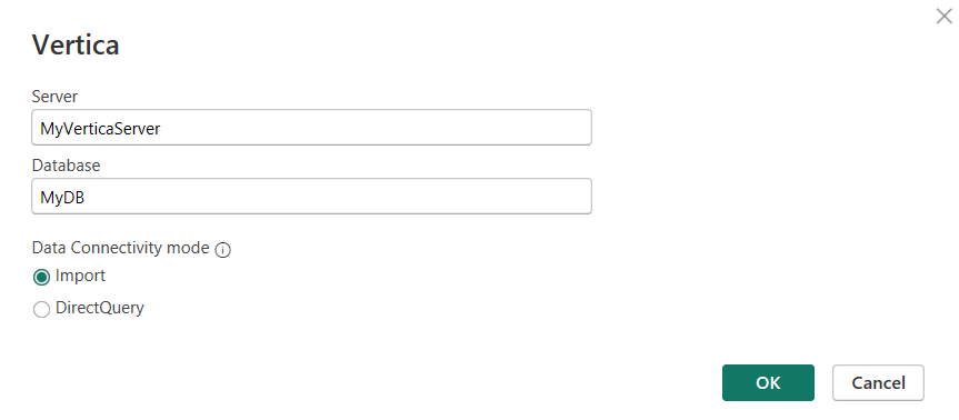 輸入伺服器名稱且已選取 [匯入數據連線模式] 的 [Vertica] 對話框影像。