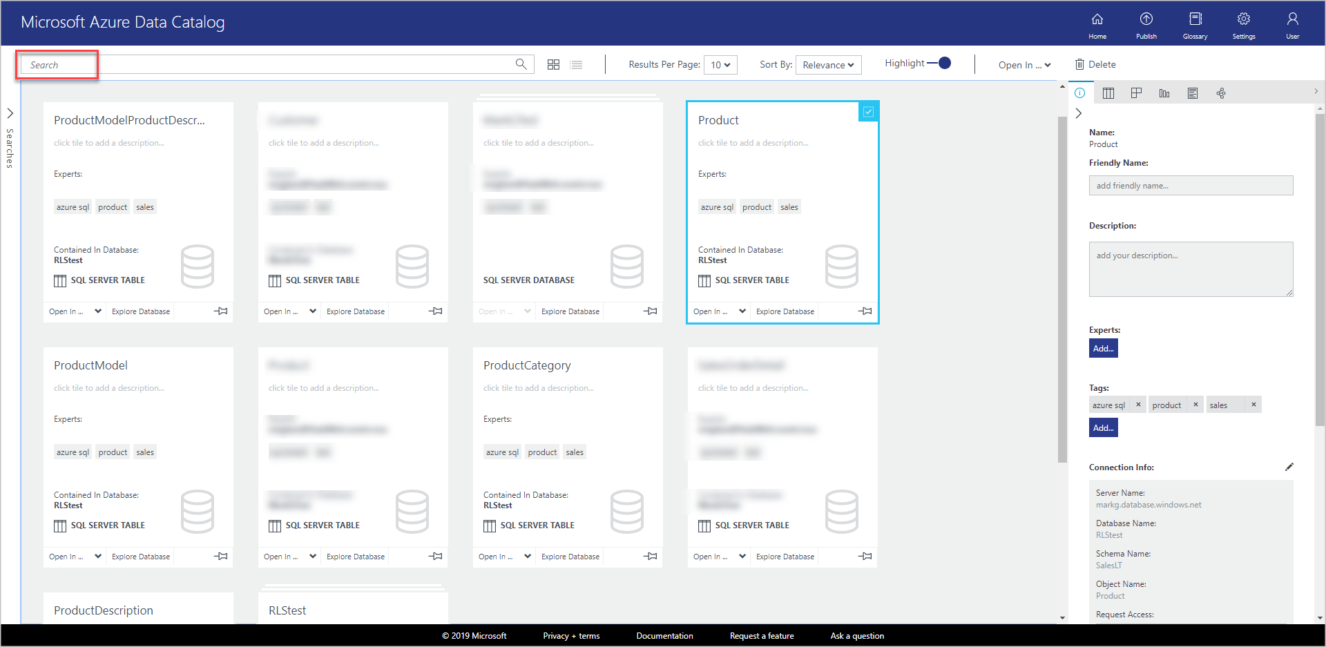 在 [Microsoft Azure 資料目錄] 視窗中，每個已註冊物件的方格檢視中會有新的圖格。