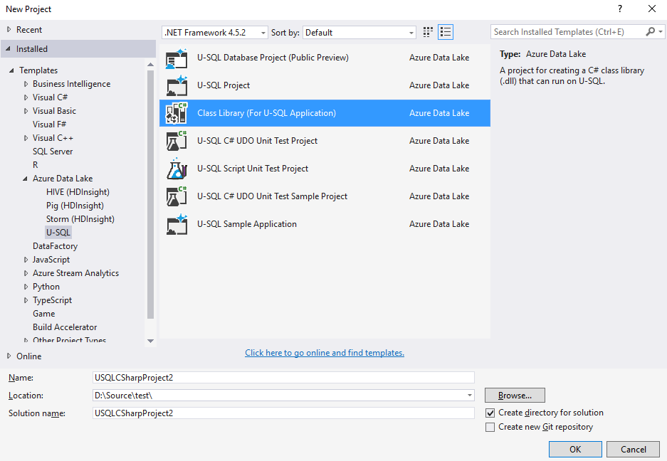 Data Lake Tools for Visual Studio--建立 C# 類別庫專案