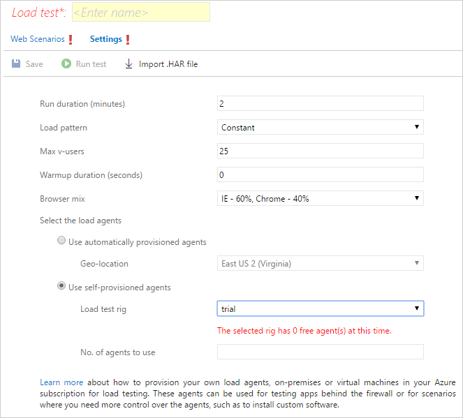 Selecting the test rig and optionally the number of agents to use