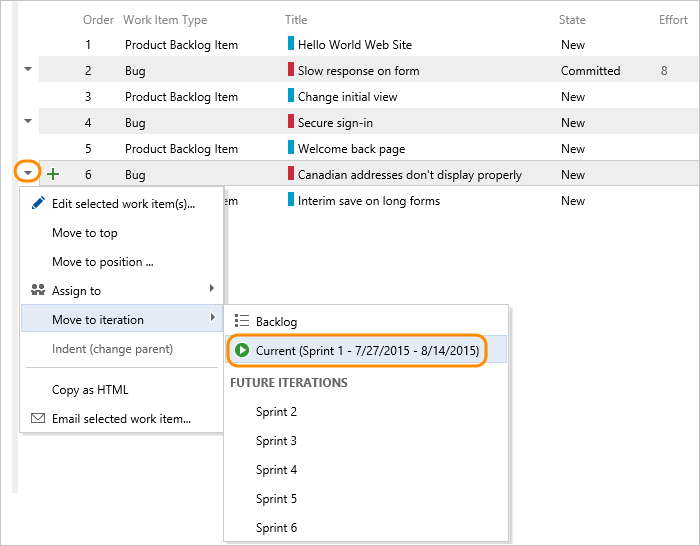 TFS 2015, web portal, Backlog page, multi-select items, Open context menu, Move to iteration