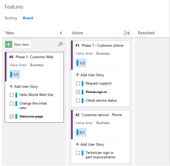 Web portal, Features Kanban board with several user stories defined