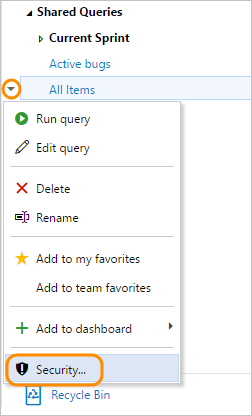 Screenshot of Open query permissions context menu, TFS 2018 and earlier versions