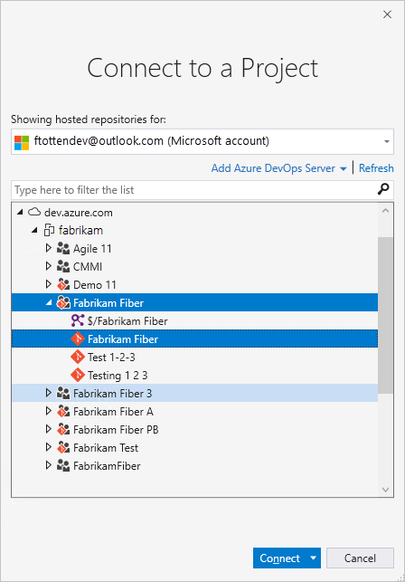 Connect to a Project dialog box