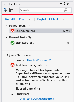 Unit Test Explorer with one failed test