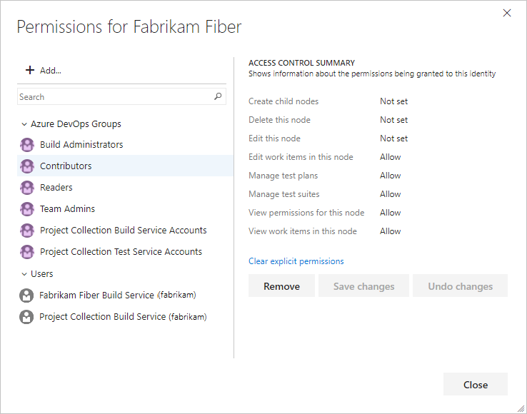 Area path permissions dialog