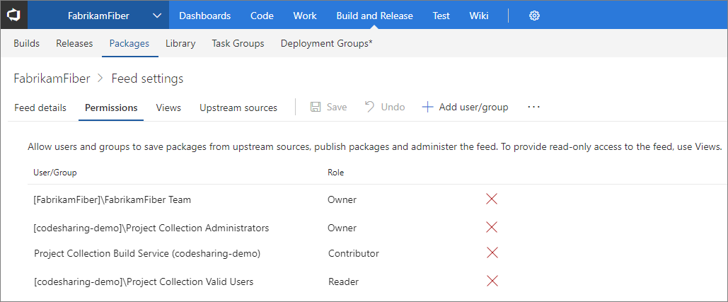 A screenshot showing feed permissions in TFS.