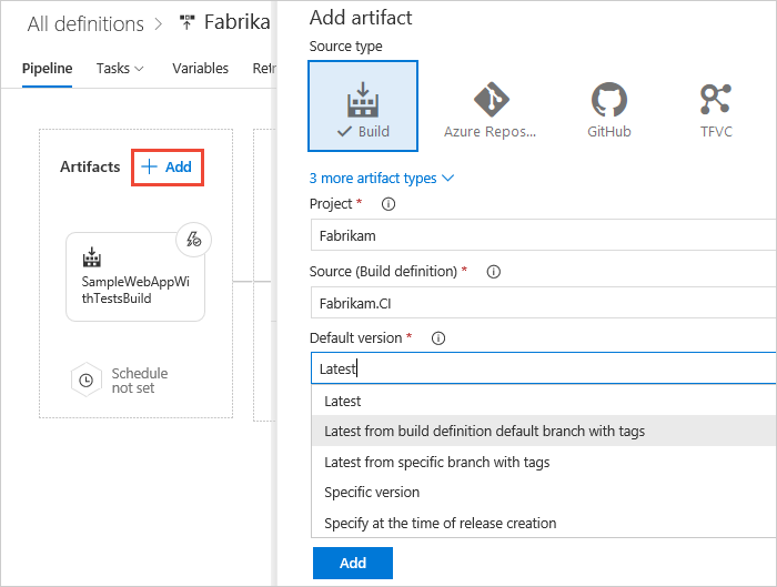 Screenshot showing how to add an artifact to a classic release pipeline.