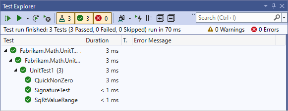 Screenshot of Test Explorer with three passed tests.