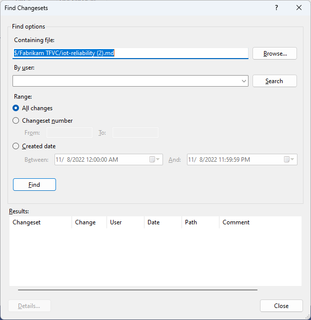Screenshot of the Find Changesets dialog box.