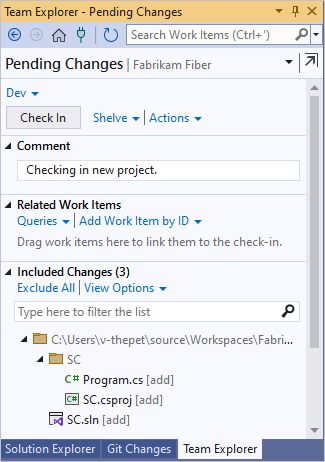 Screenshot that shows a Pending Changes pane with a comment and a Check In button.