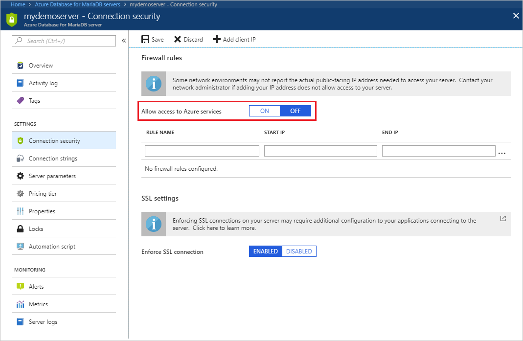 Configure Allow access to Azure services in the portal