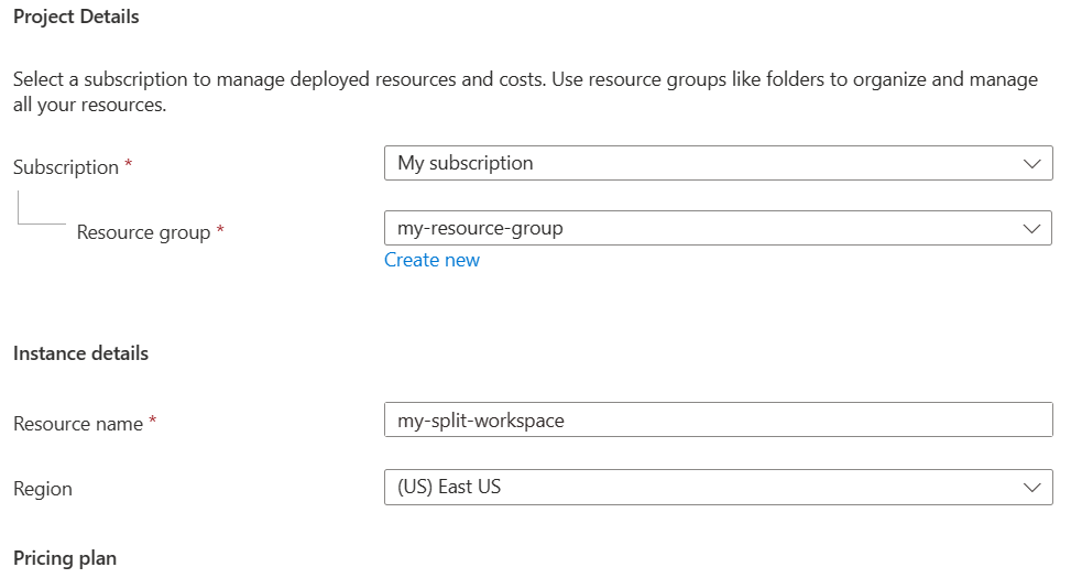 Azure 入口網站的螢幕快照，填寫基本索引標籤以建立新的資源。