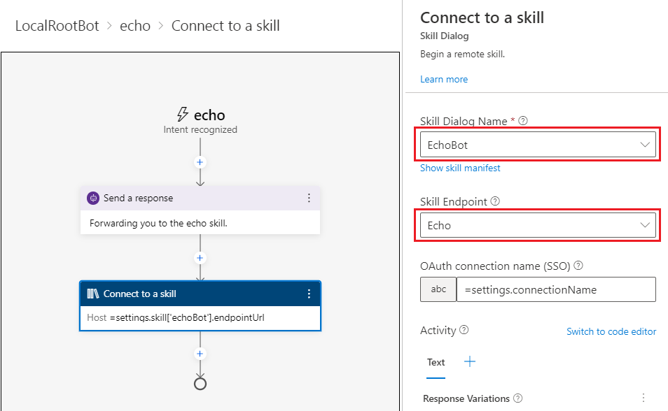 The Connect to a skill action and its properties.