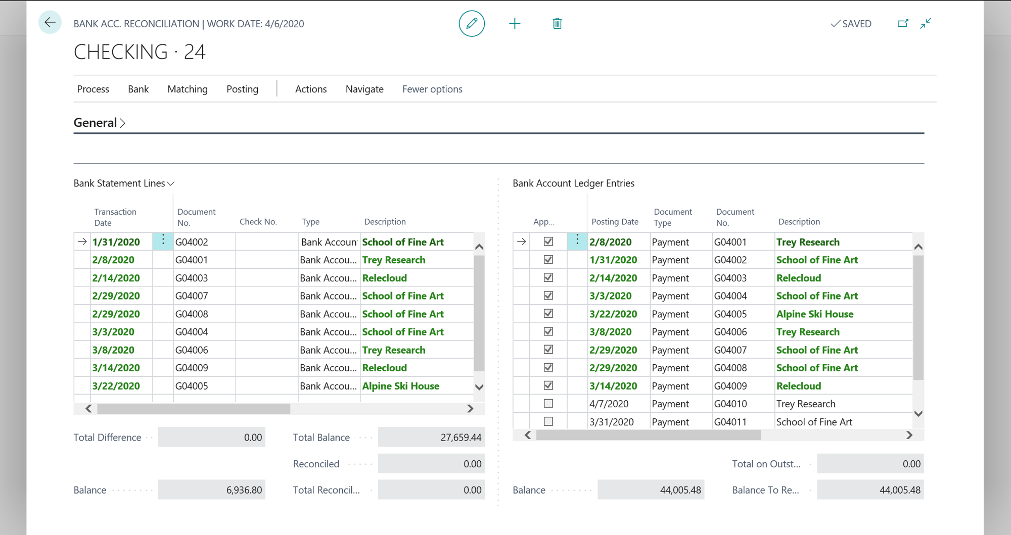 Bank Acc. Reconciliation page now has narrow gutters, leaving more space for the side-by-side lists