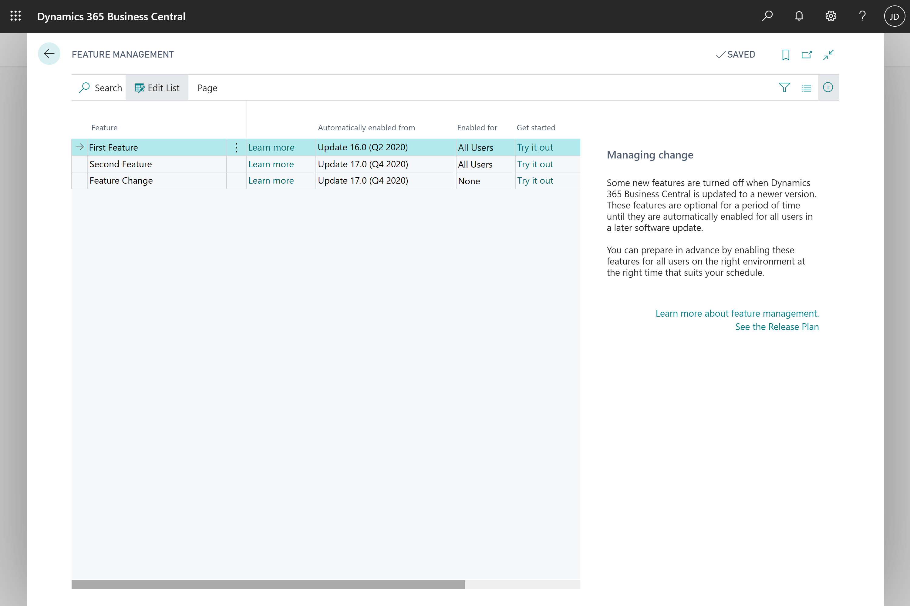 Feature Management page with example features that are enabled or disabled