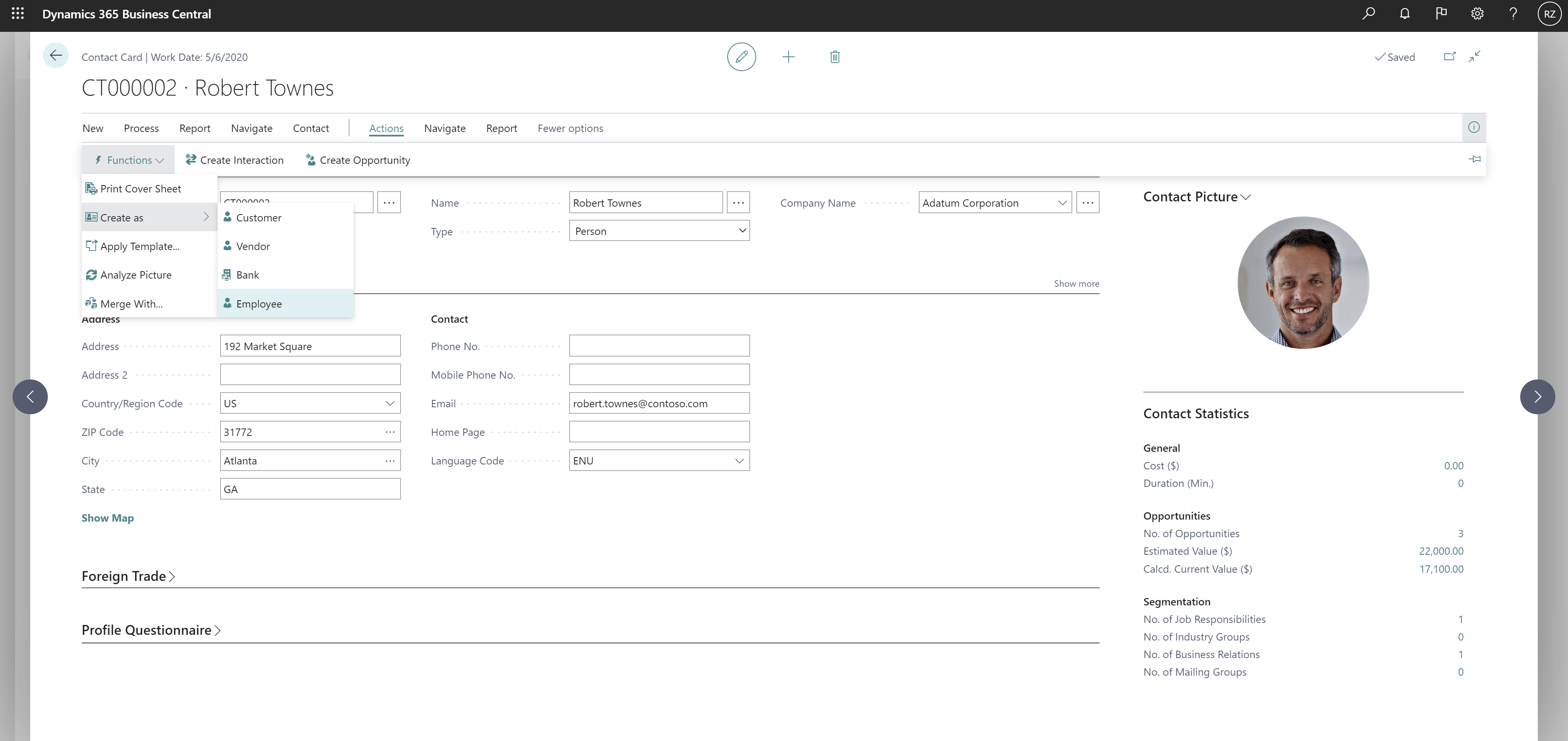 Shows Contact Card page with action to create new employee from contact