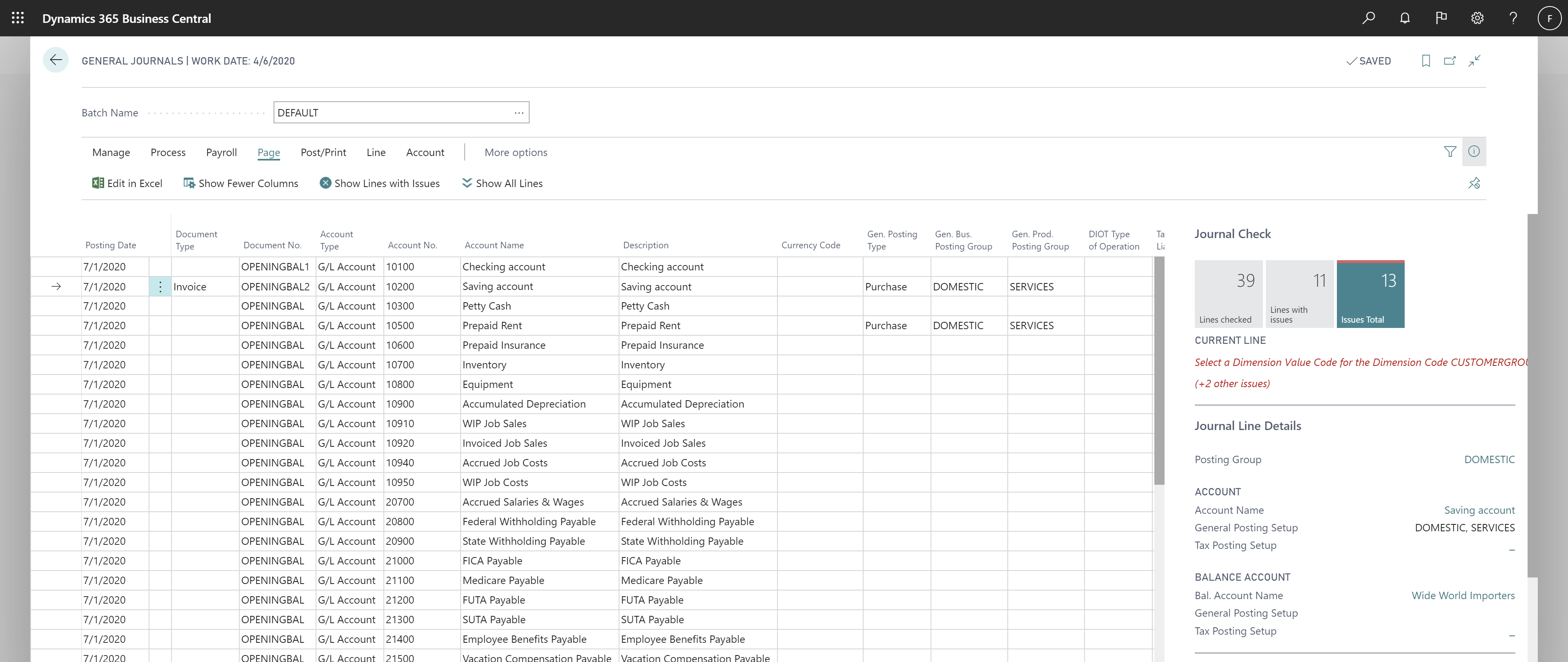 Shows General Journal with Journal Check FactBox and Journal Line details