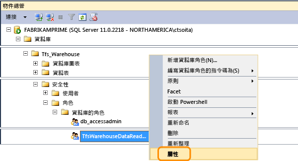 開啟 Tfs_Warehouse 資料讀取器角色屬性