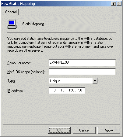 Figure 12-4 An example of a WINS static mapping