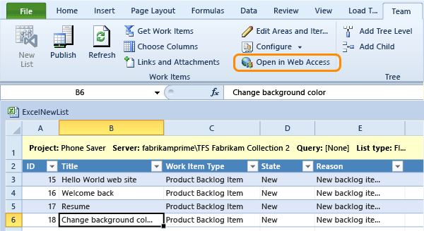 從 Excel 的 TWA 中開啟工作項目