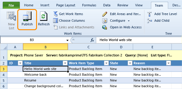 從 Excel 將工作項目發行至 TFS