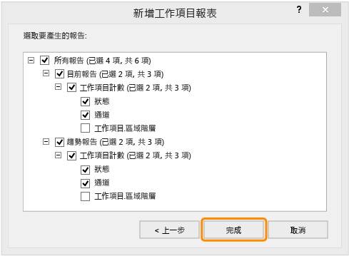 展開的節點，[新增工作項目報告] 對話方塊。