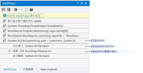 IntelliTrace 視窗呼叫檢視