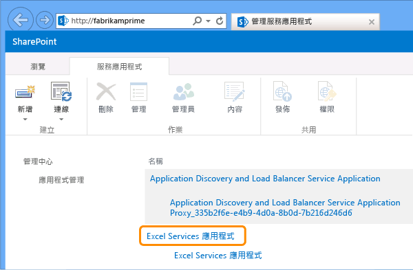 選擇 [Excel Services 應用程式]