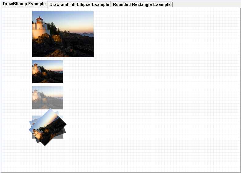 Screen shot of the sample application, which includes tabs for bitmaps, ellipses, and rounded rectangles