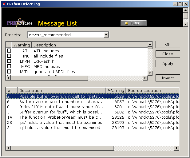 Screen shot showing that when you clear the check box for Warning 6029, and then click Apply, all instances of Warning 6029 are hidden in the log