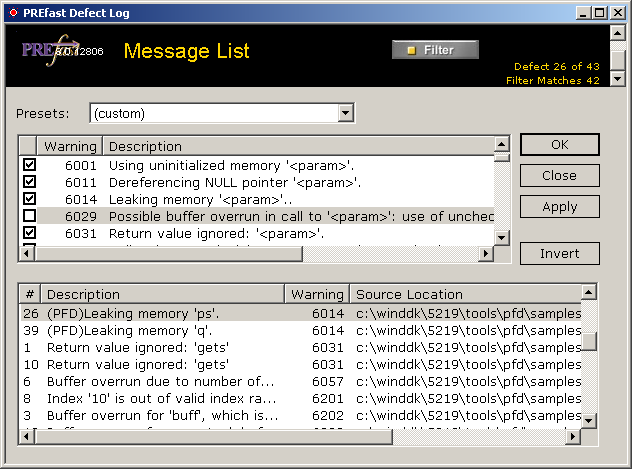 Screen showing that when you clear the check box for Warning 6029, and then click Apply, all instances of Warning 6029 are hidden in the log