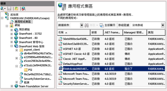 尋找 PSI 應用程式集區的服務帳戶