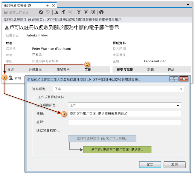 [工作] 索引標籤上的 [新增連結工作項目] 圖示和表單