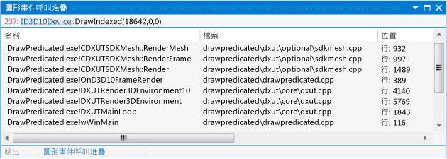 在 DrawIndexed 事件前的呼叫堆疊。