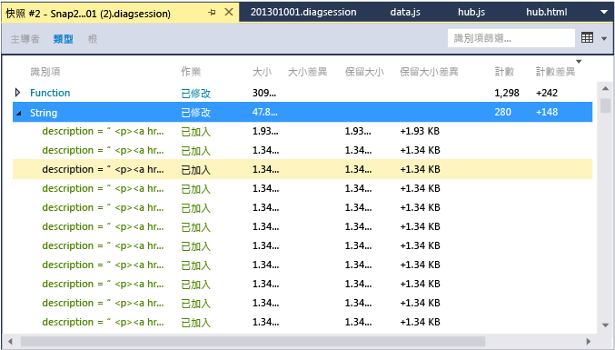 顯示類型的快照差異檢視