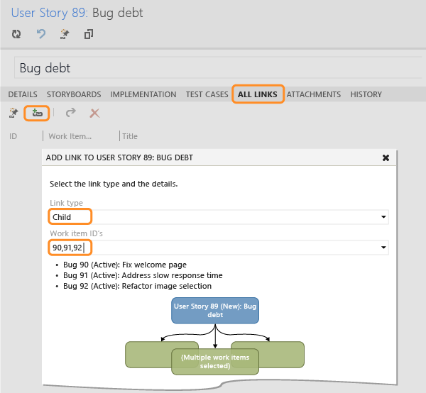 將數個 Bug 連結至使用者劇本