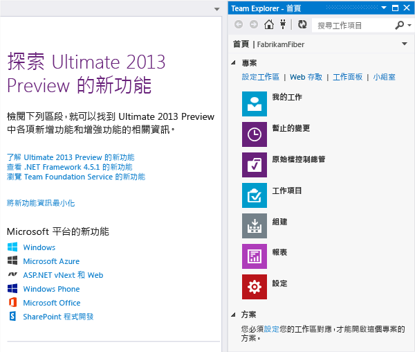 Team Explorer 中 Team 專案的首頁
