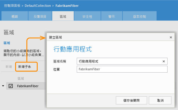 [區域] 頁面上的 [新增子系] 連結、[建立區域] 對話方塊。