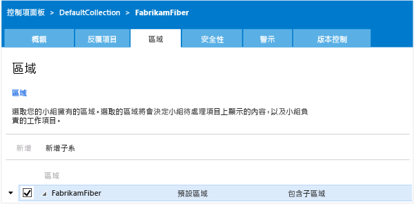 Team 專案的 [區域] 頁面、TWA 管理內容