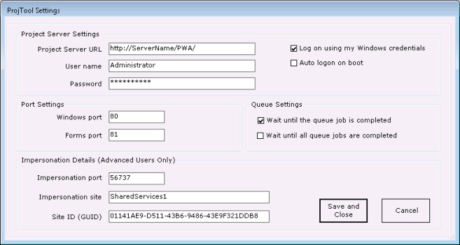 Save Settings dialog box for ProjTool