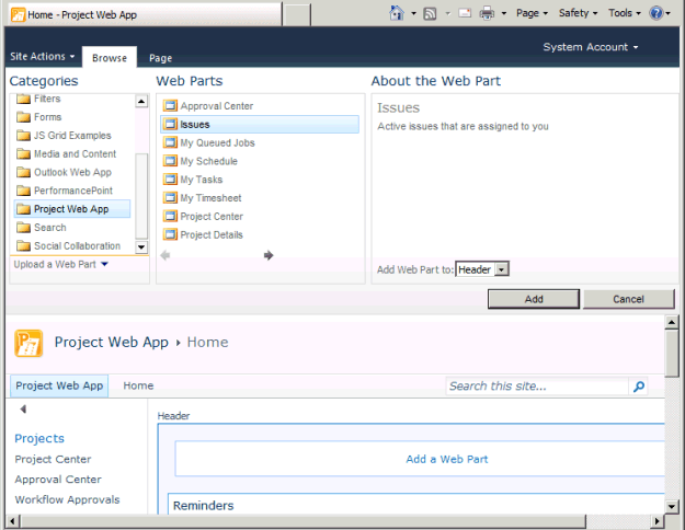 Adding a Project Server Web Part