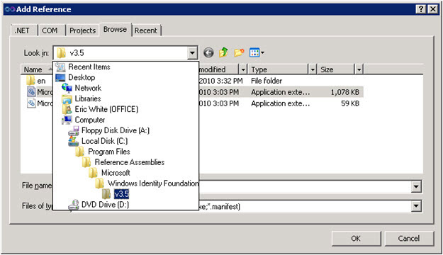 Browse to the location of the WIF assemblies