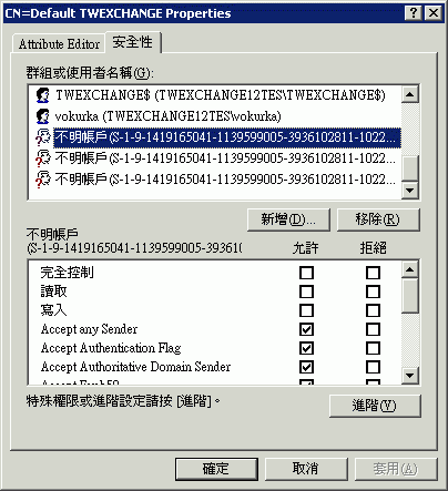 [ADSI 編輯器] 中的 [接收連接器安全] 索引標籤