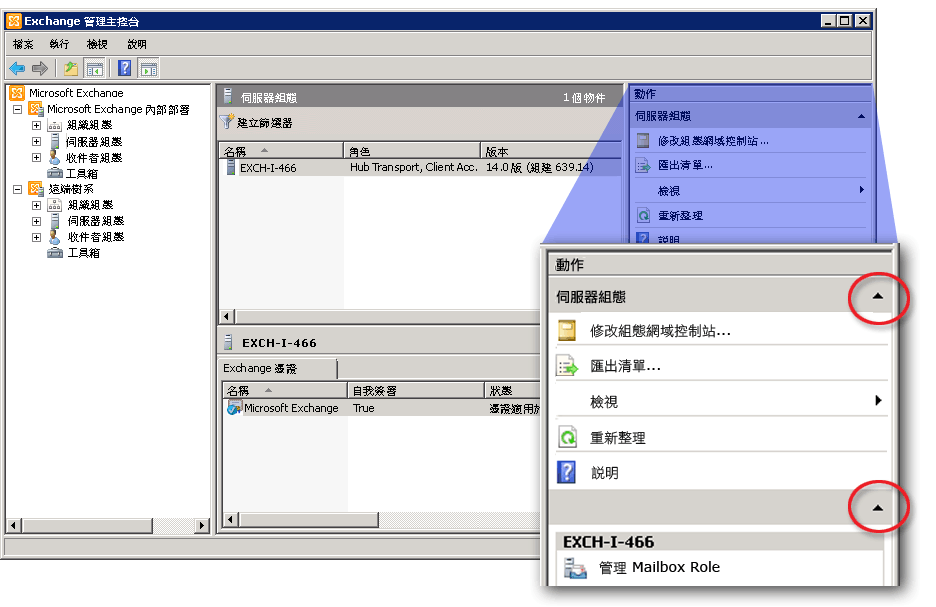 Exchange 管理主控台顯示執行窗格