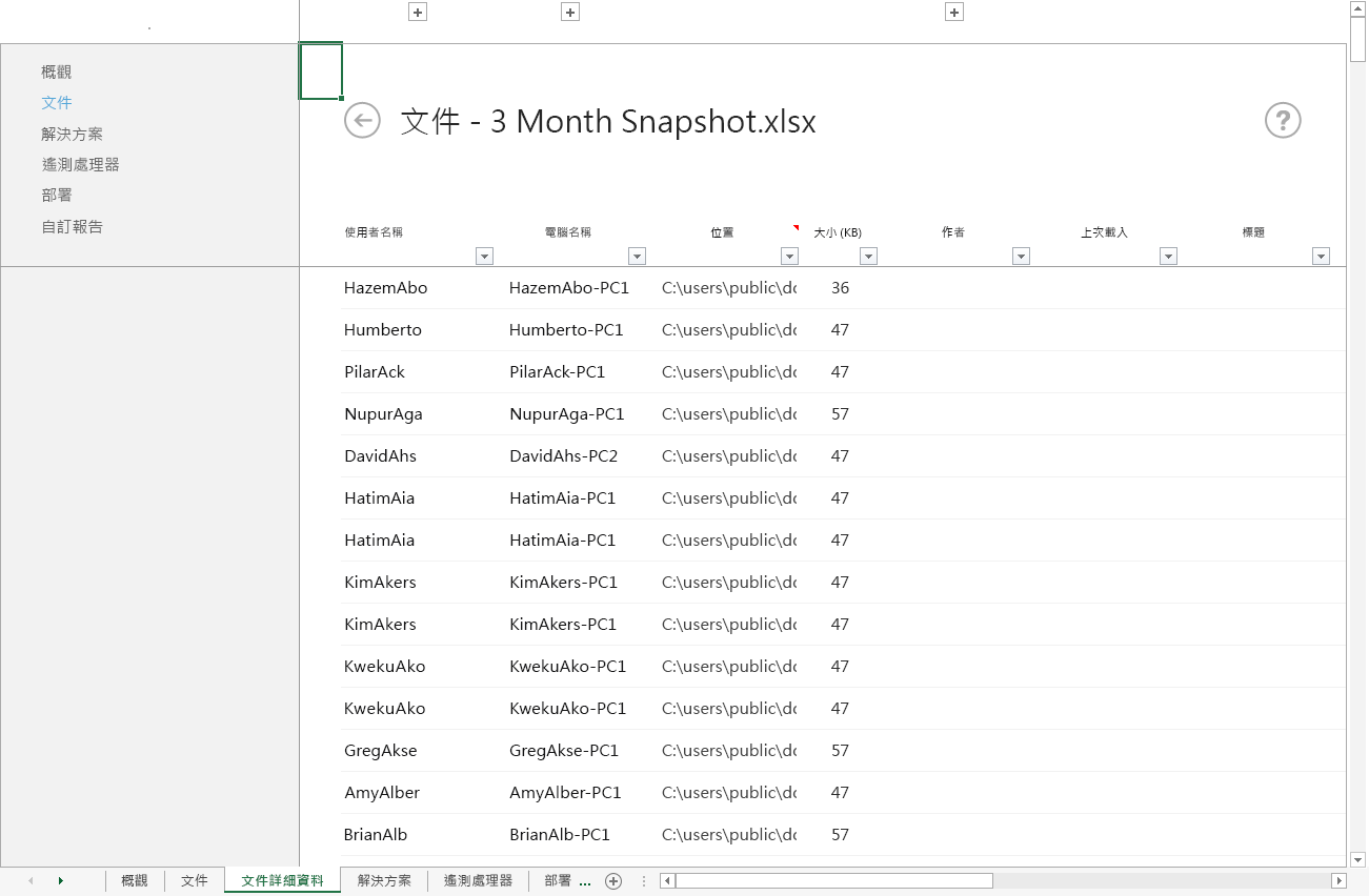 Office 遙測儀表板中「文件詳細資料」工作表的影像。