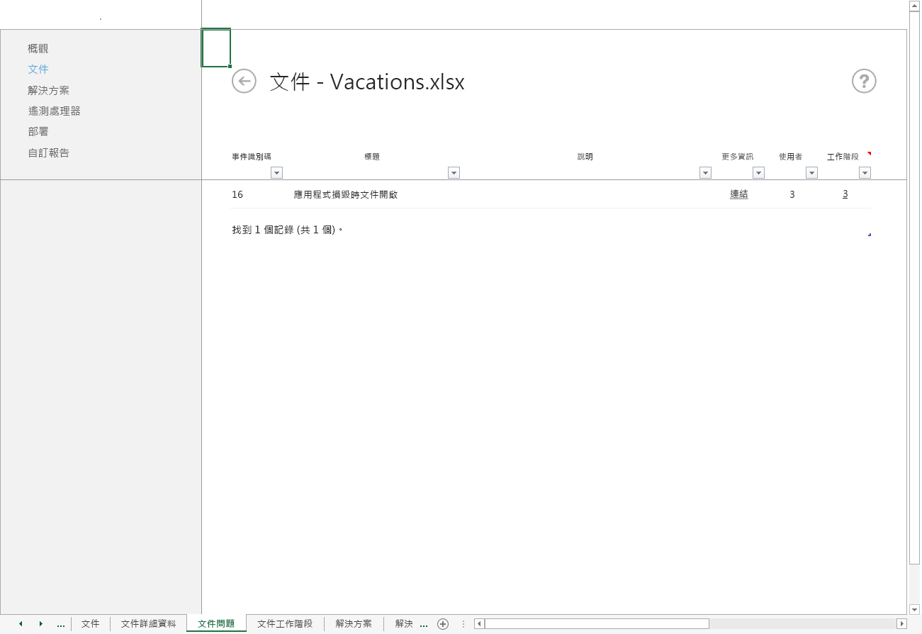 Office 遙測儀表板之「文件問題」工作表的影像。